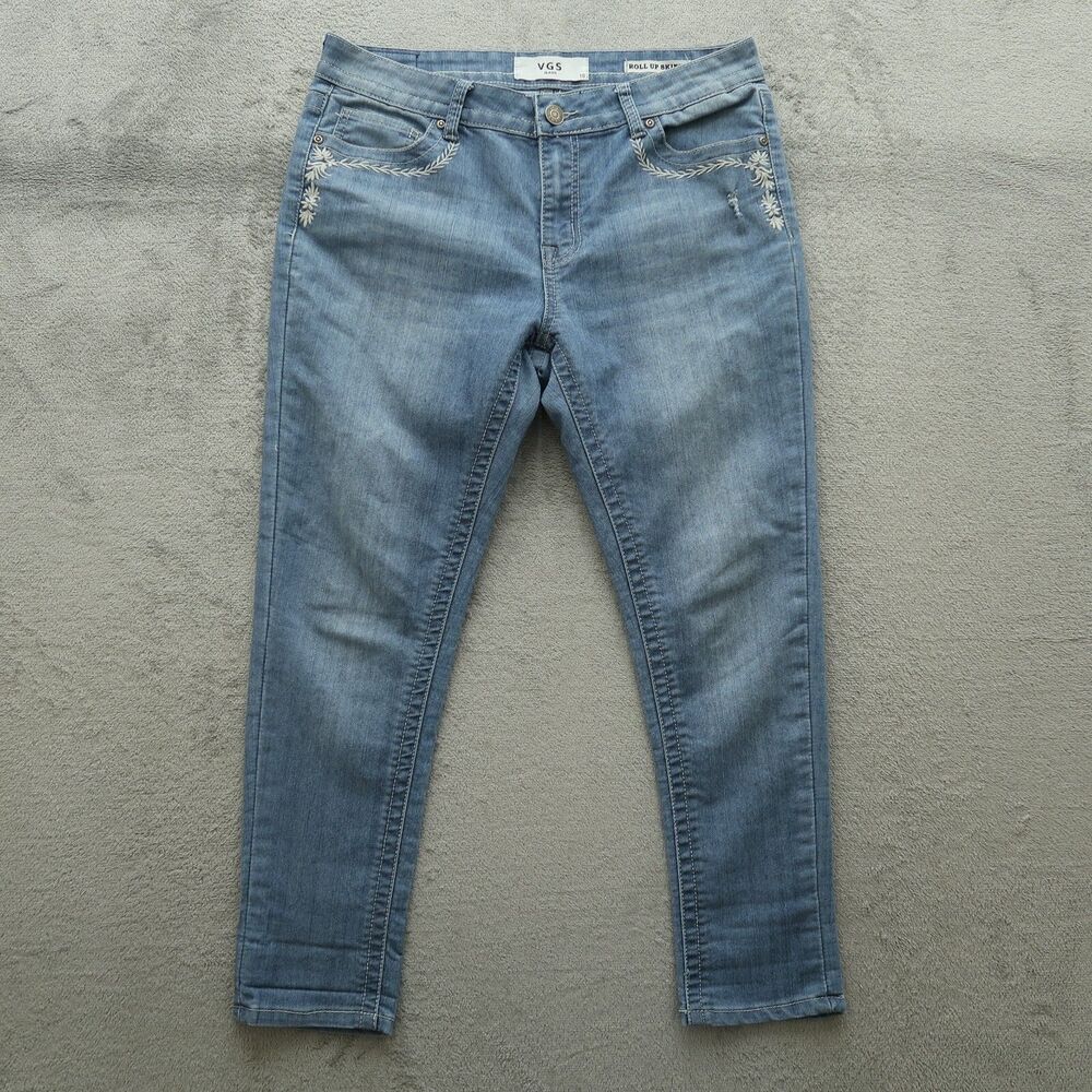 VGS Jeans Women's 10 Blue Mid-Rise Roll Up Skinny Denim 26" Inseam Distressed